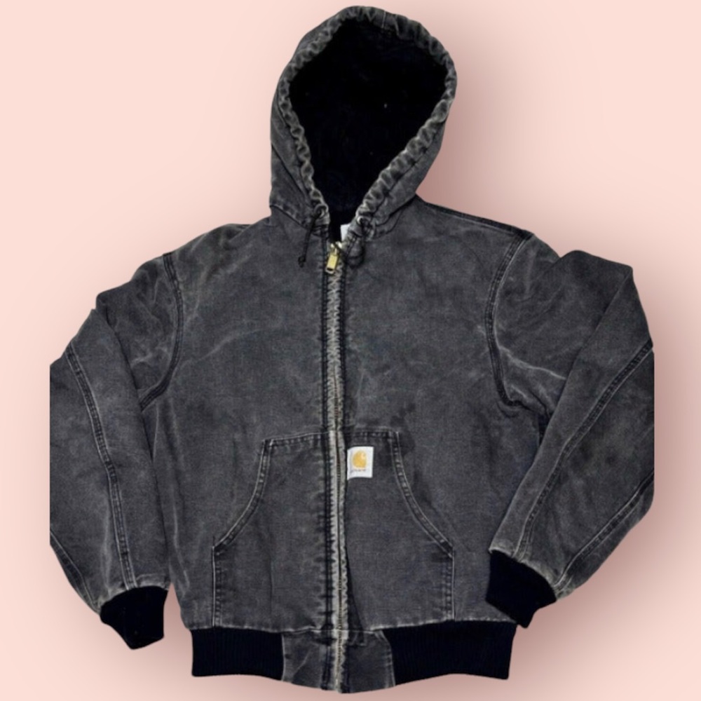 Vintage Carhartt J130 Washed Duck Canvas Insulated Distressed Hooded Jacket Mens